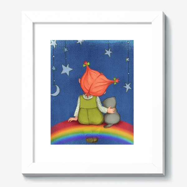 Картина &laquo;Прекрасные сны. Малышка с котом на радуге под звездами.&raquo;