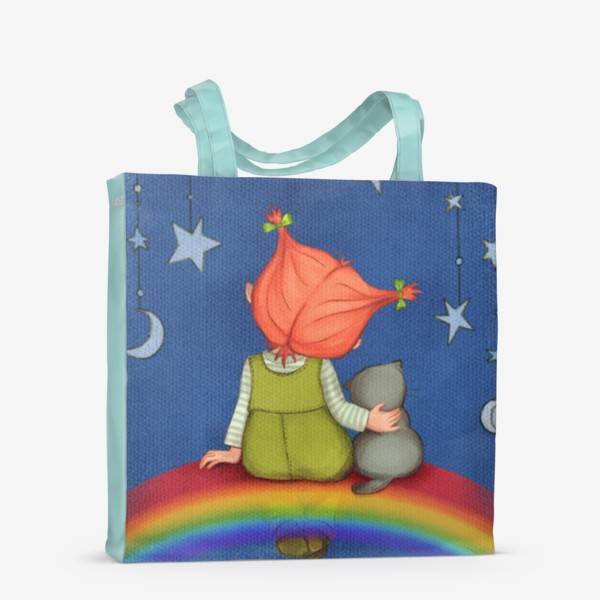 Сумка-шоппер «Прекрасные сны. Малышка с котом на радуге под звездами.»