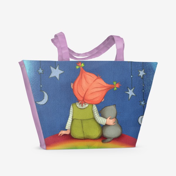 Пляжная сумка &laquo;Прекрасные сны. Малышка с котом на радуге под звездами.&raquo;