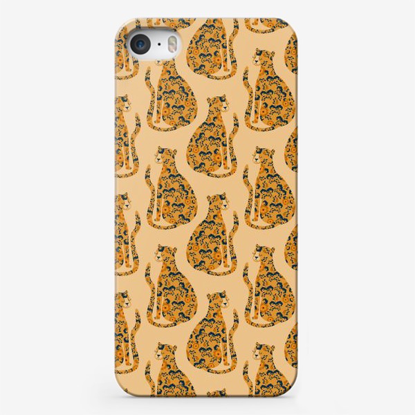 Чехол iPhone «Милые коты с цветочным орнаментом. Винтажный паттерн с леопардами.»