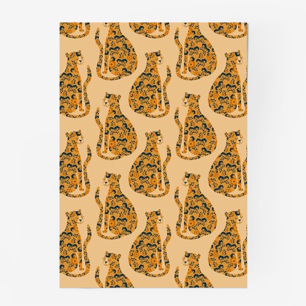 Постер &laquo;Милые коты с цветочным орнаментом. Винтажный паттерн с леопардами.&raquo;