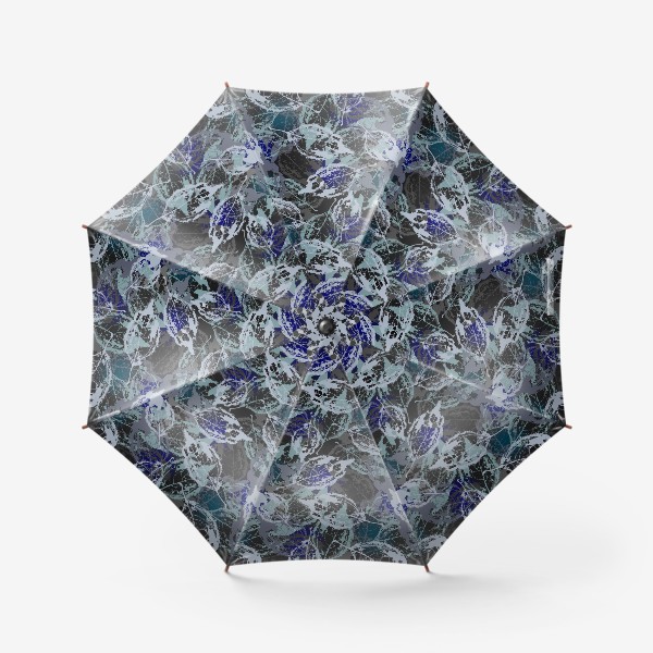 Зонт «Скелетированные листья в сине сером на чёрном »
