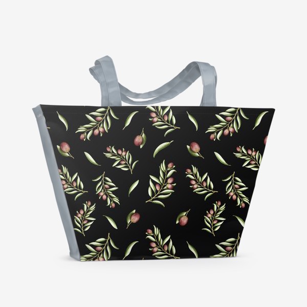 Пляжная сумка «Оливковые веточки и листики на чёрном »