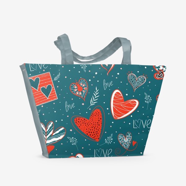 Пляжная сумка «Красно-белые Сердечки на серо-синем фоне»