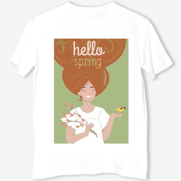 Футболка «Привет весна, девушка с длинными волосами с птичкой»