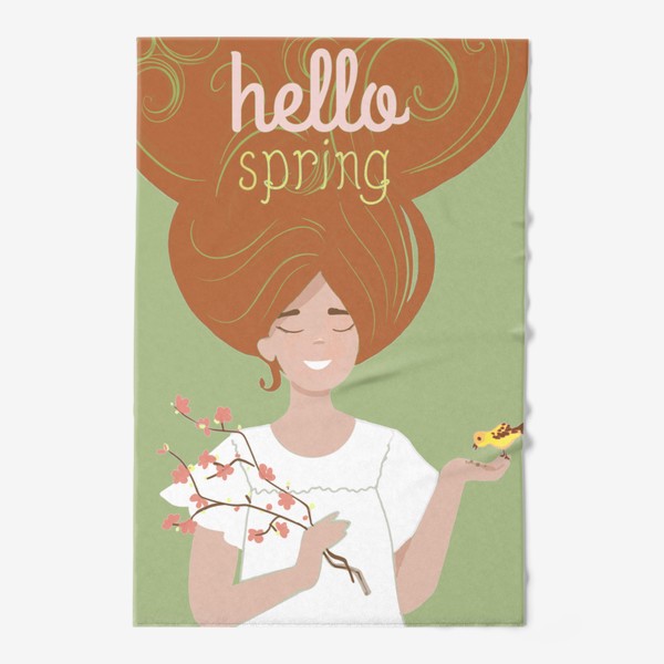 Полотенце «Привет весна, девушка с длинными волосами с птичкой»