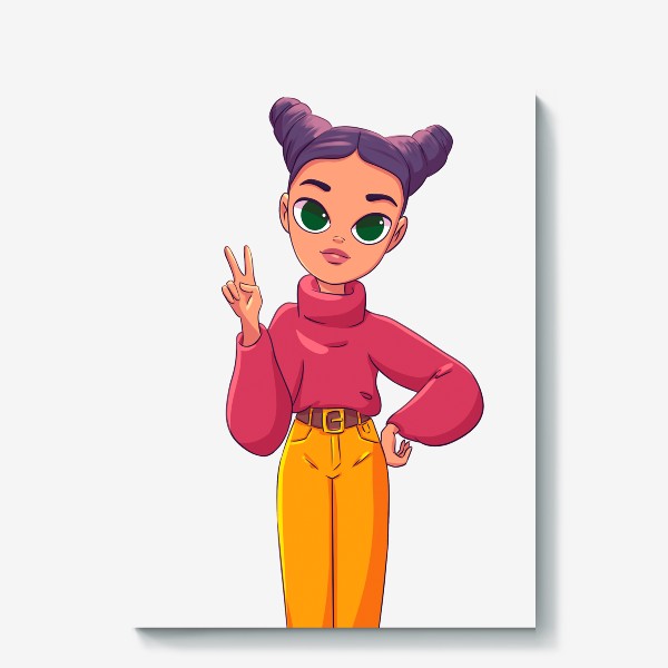 Холст «Девушка с фиолетовыми волосами в розовом свитере и желтых джинсах показывает знак Peace»