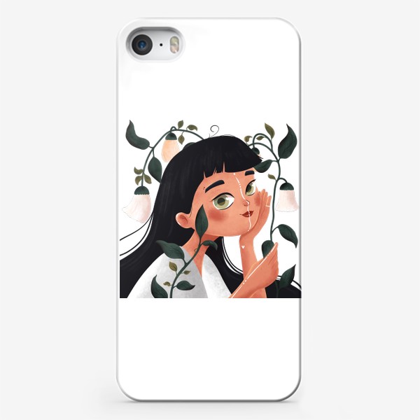 Чехол iPhone «Девушка брюнетка с зелеными глазами и с белыми цветами»