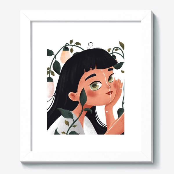 Картина «Девушка брюнетка с зелеными глазами и с белыми цветами»