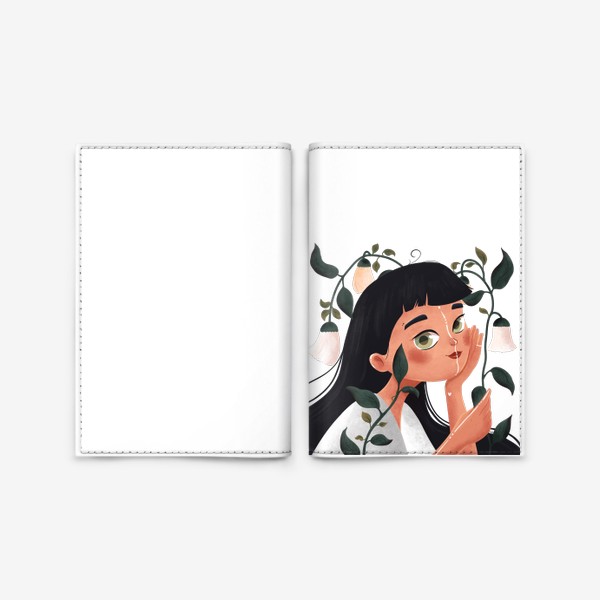 Обложка для паспорта «Девушка брюнетка с зелеными глазами и с белыми цветами»