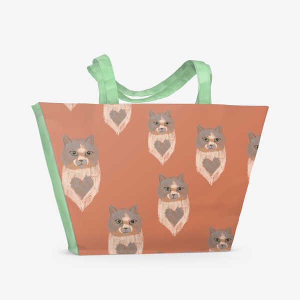 Пляжная сумка «Паттерн коты с пятном в виде сердца»
