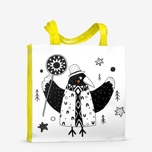 Сумка-шоппер &laquo;Черно-белая ворона держит символ солнца.&raquo;
