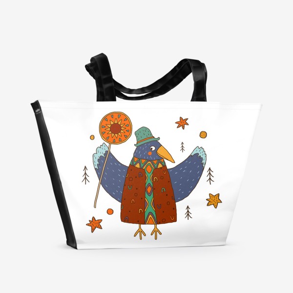 Пляжная сумка «Ворона держит символ солнца. Масленица.»
