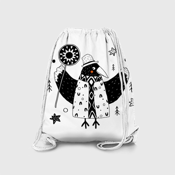 Рюкзак «Черно-белая ворона держит символ солнца.»