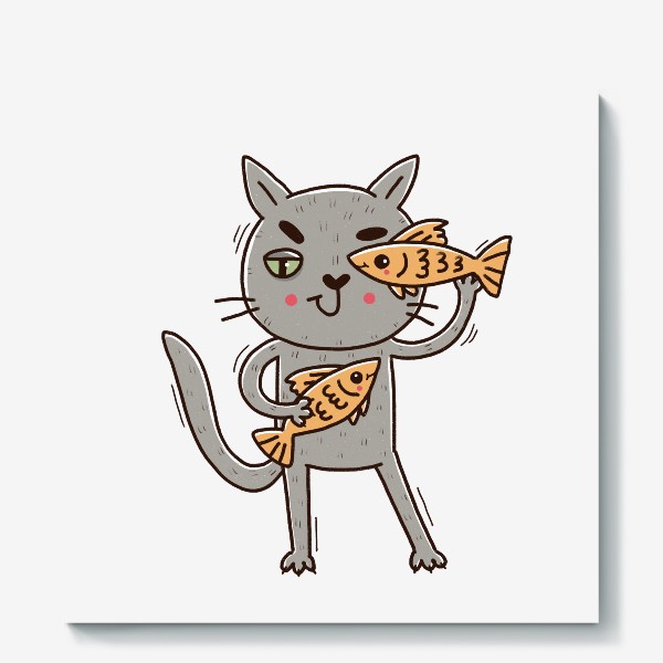 Холст &laquo;Дерзкий серый кот - рыбы. Подарок для рыб&raquo;