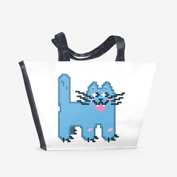 Пляжная сумка «Бирюзовый кот с сердцем в зубах. Пиксель-арт»