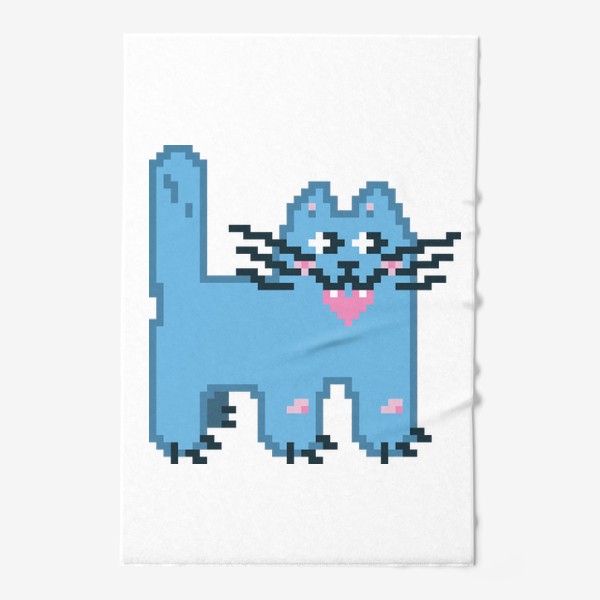 Полотенце &laquo;Бирюзовый кот с сердцем в зубах. Пиксель-арт&raquo;