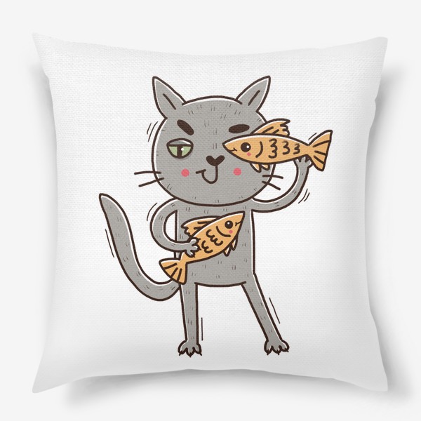 Подушка &laquo;Дерзкий серый кот - рыбы. Подарок для рыб&raquo;