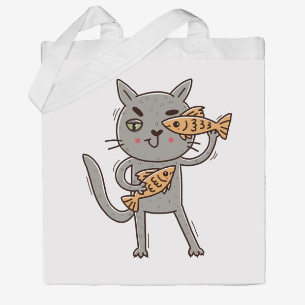 Сумка хб &laquo;Дерзкий серый кот - рыбы. Подарок для рыб&raquo;