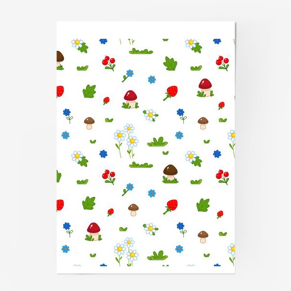 Постер «Детский паттерн с грибочками и цветочками»