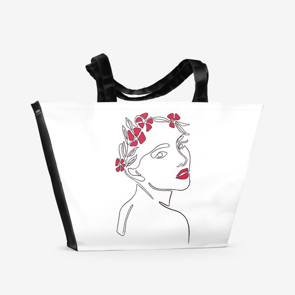 Пляжная сумка «Девушка с цветами - абстракция Лайн Арт»