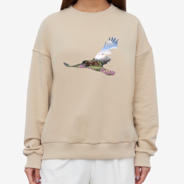 Свитшот «Летний пейзаж, птица в полёте, вид с высоты, горные цветы»