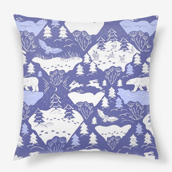 Подушка «заснеженный лес и звери на фиолетовом»