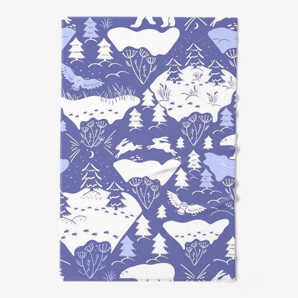 Полотенце «заснеженный лес и звери на фиолетовом»