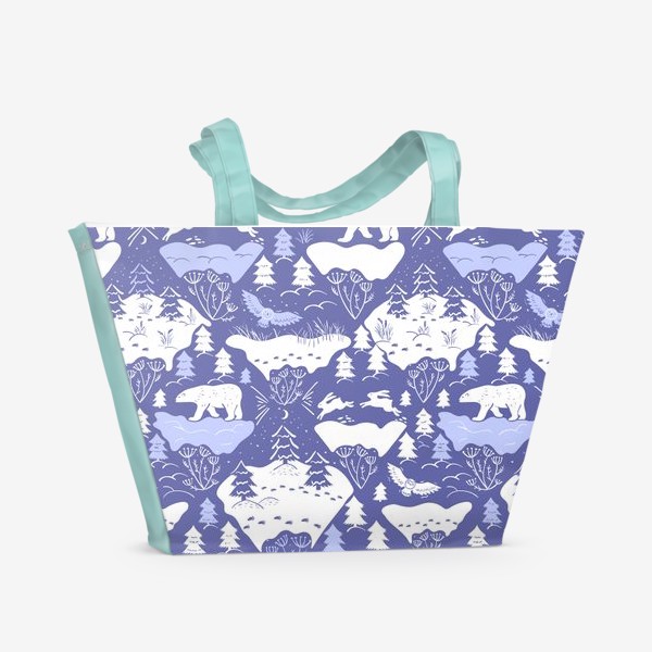 Пляжная сумка &laquo;заснеженный лес и звери на фиолетовом&raquo;