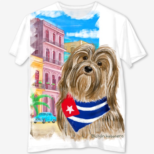 Футболка с полной запечаткой &laquo;Собаки и путешествия. Гаванский бишон. Куба.&raquo;