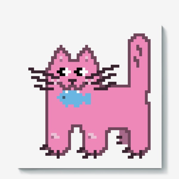 Холст «Розовая кошечка с рыбкой в зубах. Пиксель-арт кот»