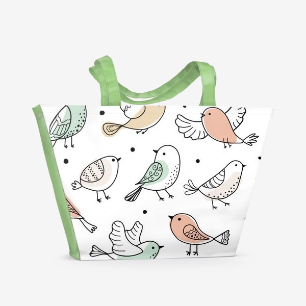 Пляжная сумка « «Красочные каракули птицы бесшовные модели. Коллекция плоских рисованных птиц. »»