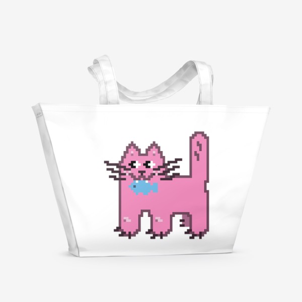 Пляжная сумка «Розовая кошечка с рыбкой в зубах. Пиксель-арт кот»