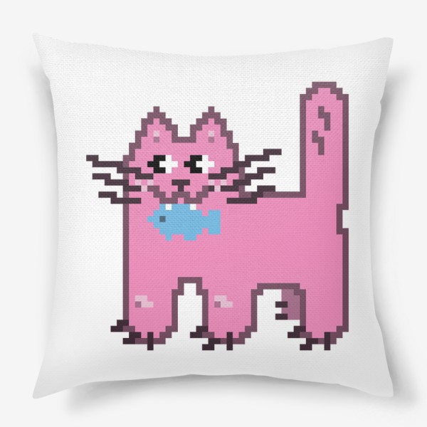 Подушка «Розовая кошечка с рыбкой в зубах. Пиксель-арт кот»