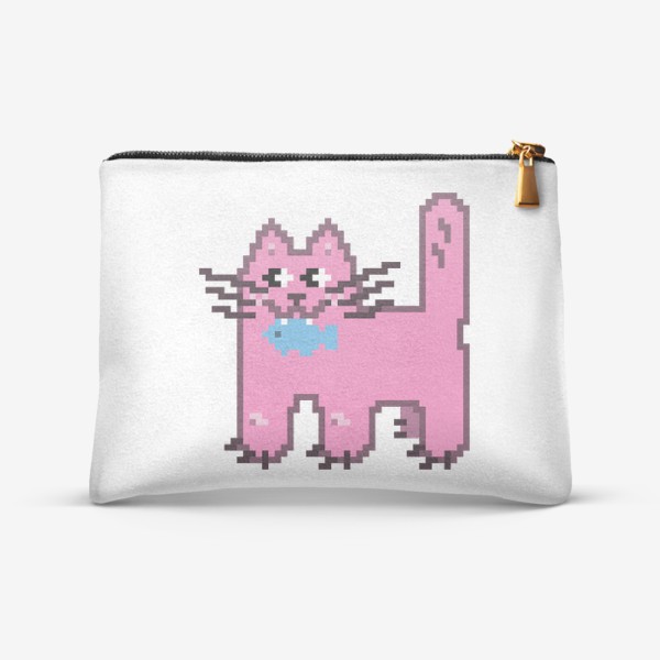 Косметичка «Розовая кошечка с рыбкой в зубах. Пиксель-арт кот»