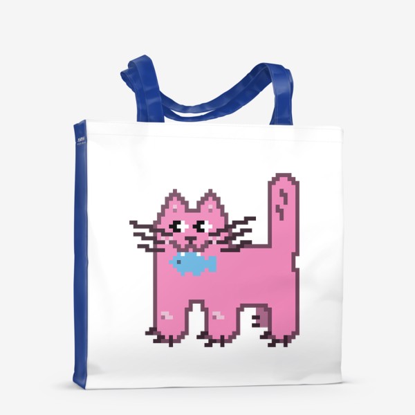 Сумка-шоппер «Розовая кошечка с рыбкой в зубах. Пиксель-арт кот»