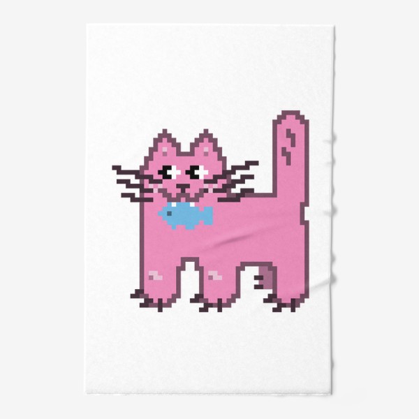Полотенце «Розовая кошечка с рыбкой в зубах. Пиксель-арт кот»