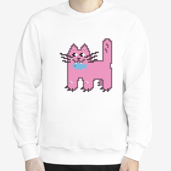 Свитшот «Розовая кошечка с рыбкой в зубах. Пиксель-арт кот»