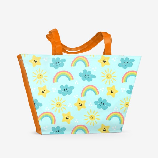 Пляжная сумка «Яркий узор на голубом небе - солнце, радуга, звезды»