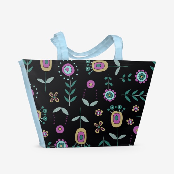 Пляжная сумка «Красивые цветы на черном»