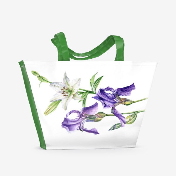 Пляжная сумка «Ирисы и лилия акварелью»