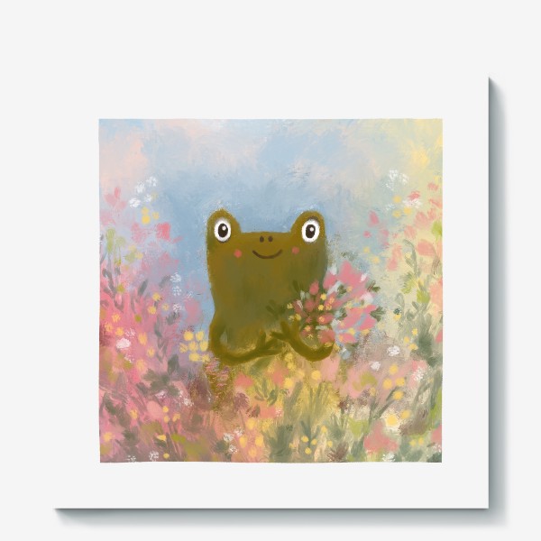 Холст «Милая жаба с букетом цветов. Лягушка. Весна. Подарок на 8 марта»