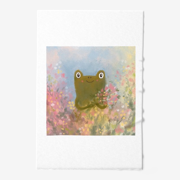 Полотенце «Милая жаба с букетом цветов. Лягушка. Весна. Подарок на 8 марта»