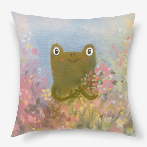 Подушка «Милая жаба с букетом цветов. Лягушка. Весна. Подарок на 8 марта»