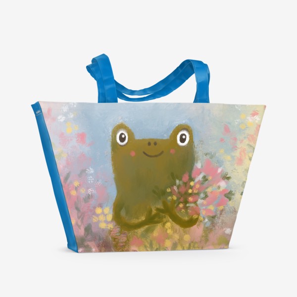 Пляжная сумка &laquo;Милая жаба с букетом цветов. Лягушка. Весна. Подарок на 8 марта&raquo;