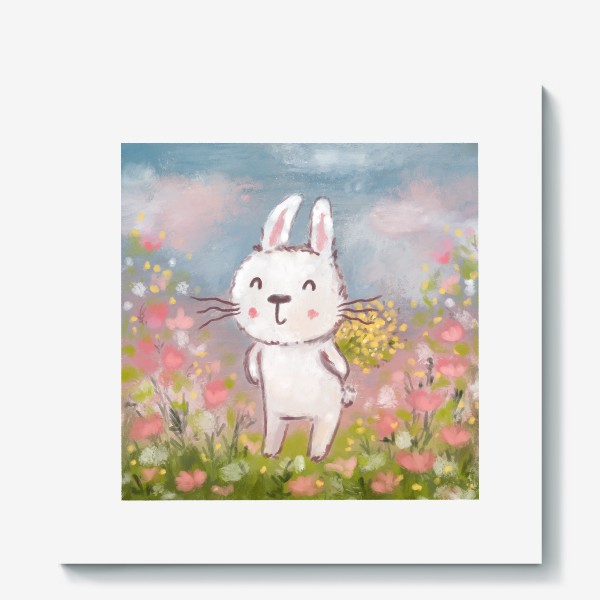 Холст «Милый зайчик с букетом цветов. Весна. Подарок на 8 марта »