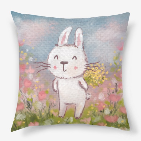 Подушка «Милый зайчик с букетом цветов. Весна. Подарок на 8 марта »
