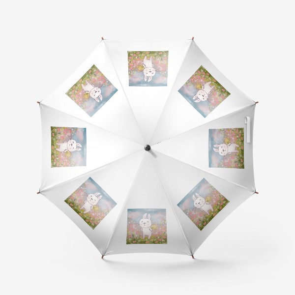 Зонт «Милый зайчик с букетом цветов. Весна. Подарок на 8 марта »