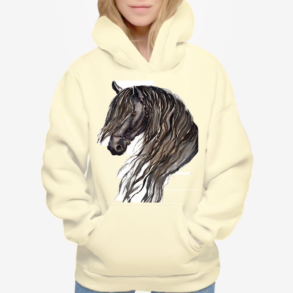 Худи «лошадь конь фриз стильный принт  черная лошадь»