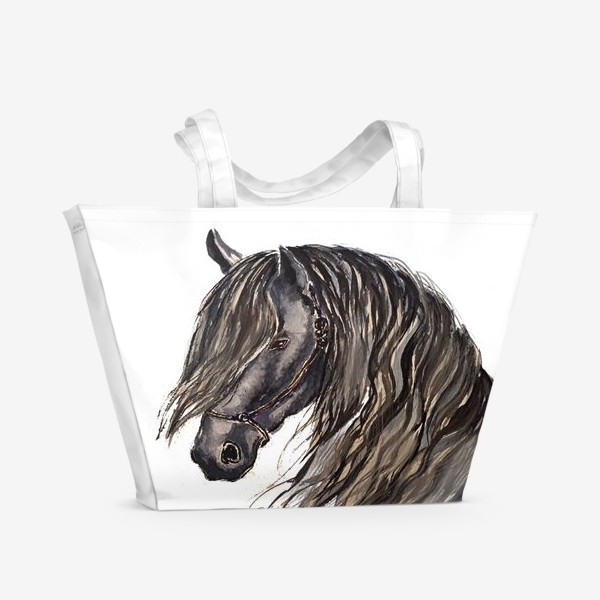 Пляжная сумка «лошадь конь фриз стильный принт  черная лошадь»